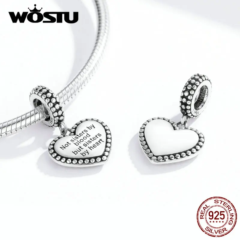 WOSTU, 925 пробы, серебро, Сестринское сердце, талисманы, подходят к оригинальному браслету, кулон, бусины для сестры, Famlly, ювелирное изделие, подарок, BKC1396