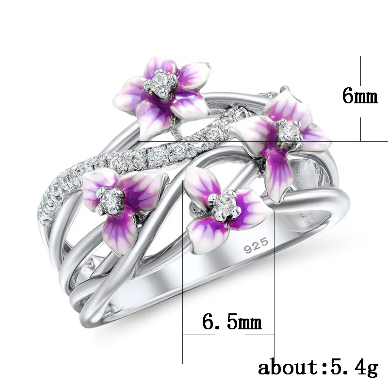 

Luxury Female Enamel Purple Flower Ring Charm Silver Color Big Wedding Rings For Women Trendy White Crystal Engagement Ring