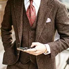 Мужской коричневый костюм в елочку, официальный блейзер для мужчин, Деловой, офисный, свадебный жилет под смокинг, приталенный смокинг, 3 шт.
