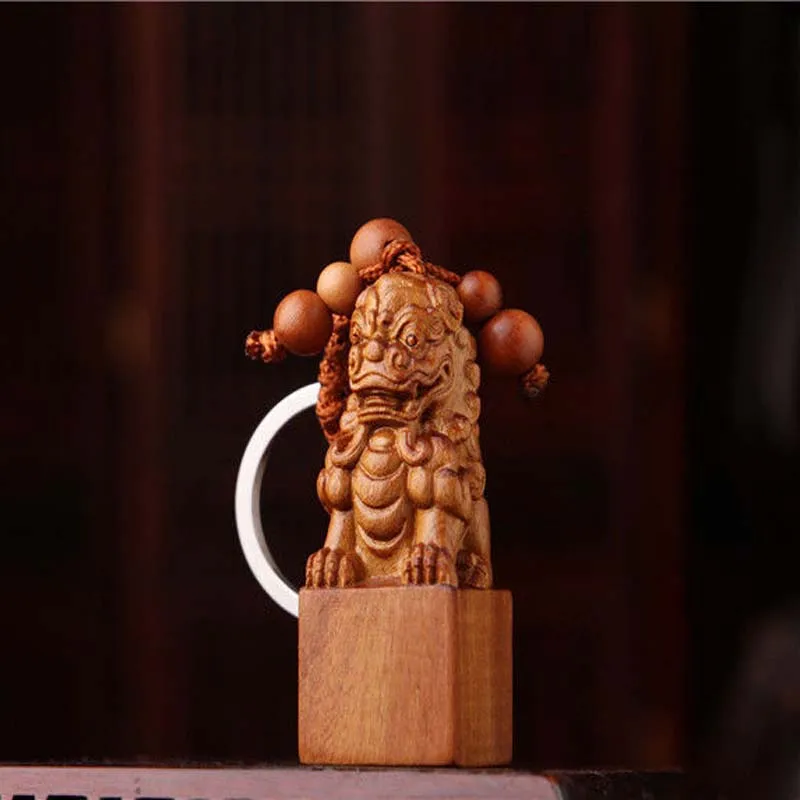 Деревянная 3D Резная Статуя китайского льва ФОО собаки Скульптура кулон