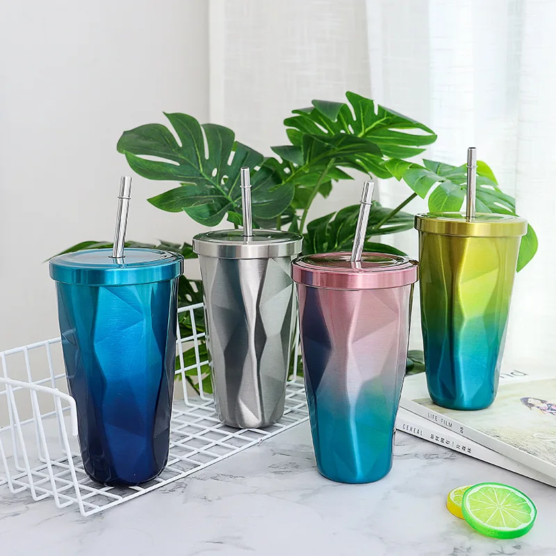 550ml Gradient Color Thermos Mug Irregular Coffee Cup with Lid Stainless Steel Vacuum Flask Creative Straw Thermal Bottle | Дом и сад