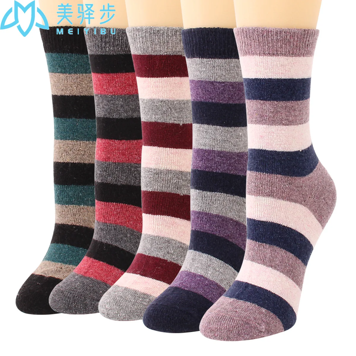 Thick Stripes Winter Warm Female Wool Socks 12 PAIRS PER SET