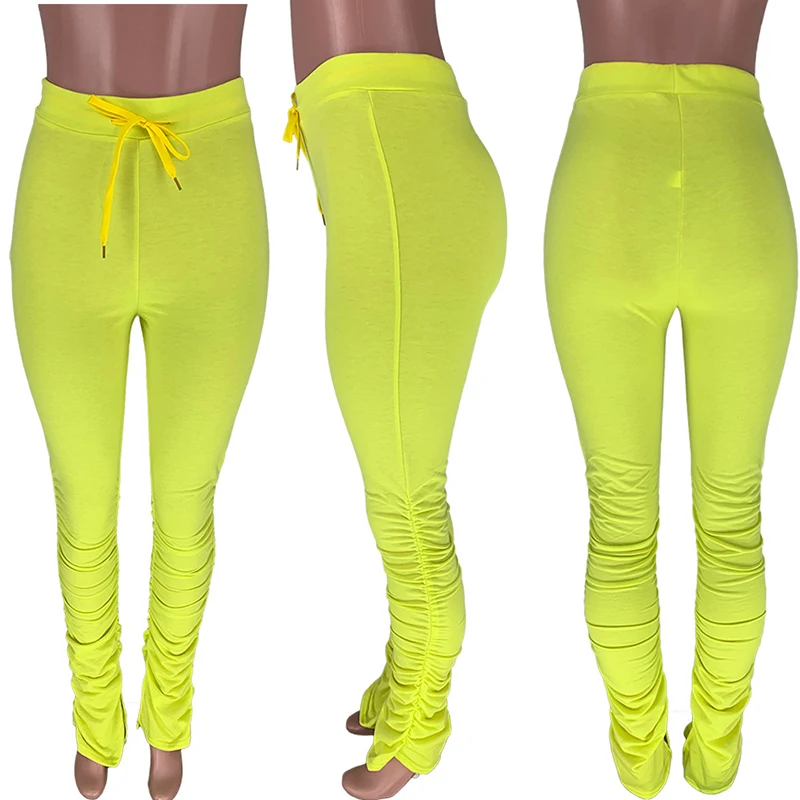 

NORMOV High Waist Fitness Pants Women Elastic Drawstring Leggings Femme Solid Color Fold Split Trousers Boot Cut Pant Female