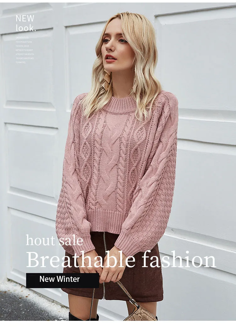 

2020 autumn and winter new round neck pullover ladies knit sweater cable long sleeve loose sweater top