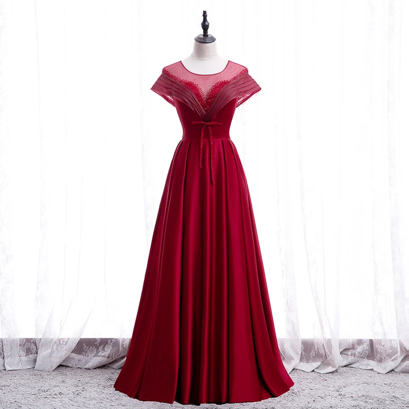 

Bespoke Occasion Dresses Vintage O-Neck Short Pleat Beading Satin Lace Luxury Burgundy Backless Women Formal Evening Gown HB246