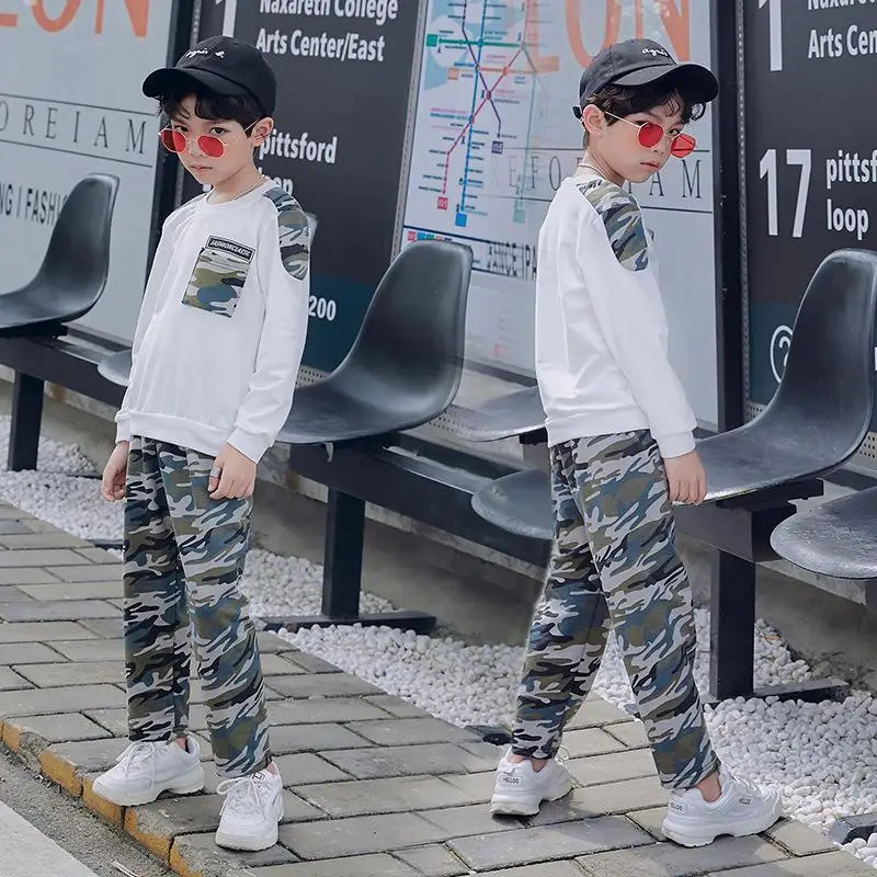 

Children's clothing spring autumn new set of large kids camouflage sports long-sleeved shirt + pants 4-12 cotton baby clothes