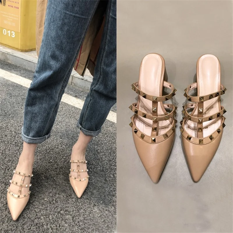 

Women Slippers Breathable Shallow Pointed Toe Rivet Slip-on Muller Girl Shoes Office Lady Solid Color Summer Sandalias Female
