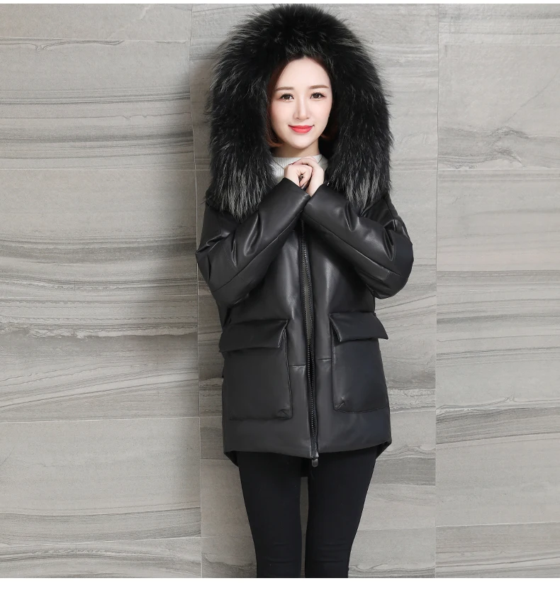 Женская кожаная куртка с меховым воротником из енота пальто капюшоном Женское в