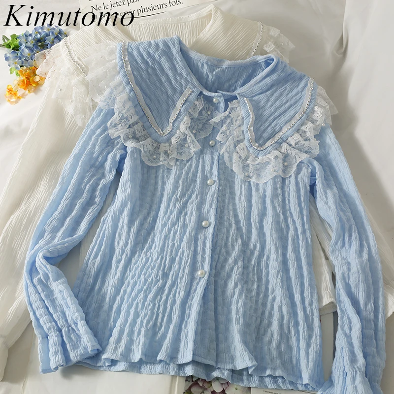 

Кружевная Лоскутная Блузка Kimutomo, женская блузка с воротником Питер Пэн, тонкая рубашка с длинным рукавом и пуговицами, Женская однотонная О...