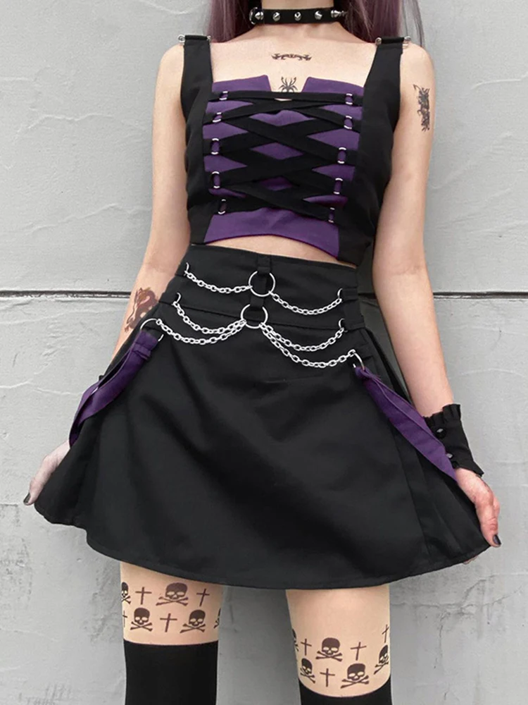 

FHYU Diablo Punk Style Color Contrast Chain Short Skirt Suit Women's Street Hipster High Waist Sexy Sleeveless Short Skirt 21146