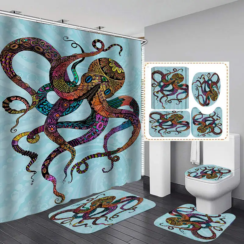 

Color Octopus Polyester Fabric Shower Curtain Non-Slip Bath Mat Toilet Lid Cover Rugs Home Bathroom Decor Set