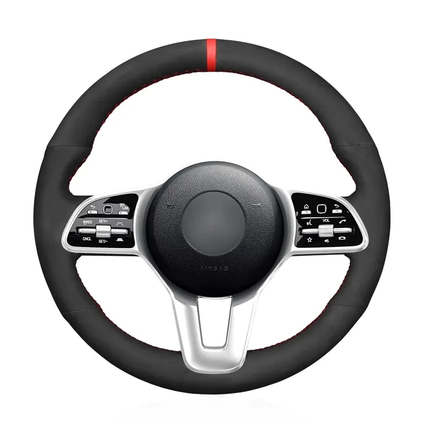 

Hand-stitched Black Suede Red Marker Car Steering Wheel Cover for Mercedes Benz A-Class W177 B-Class W247 C-Class W205 CLS-Class