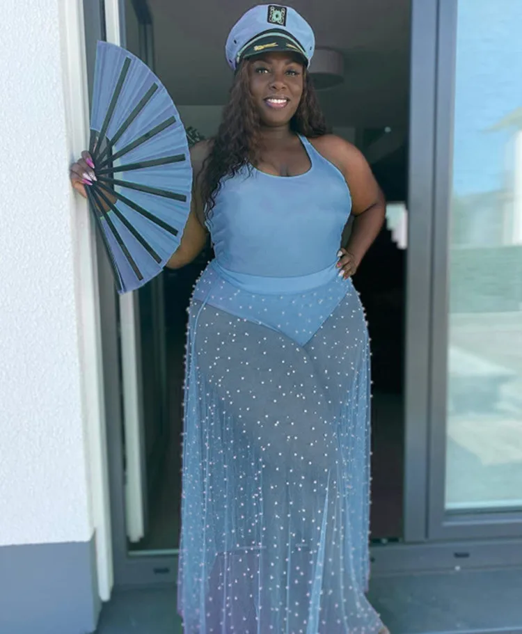 Conjunto de dos piezas de talla grande para mujer, mono sin mangas con cuello Halter, cintura alta, falda transparente