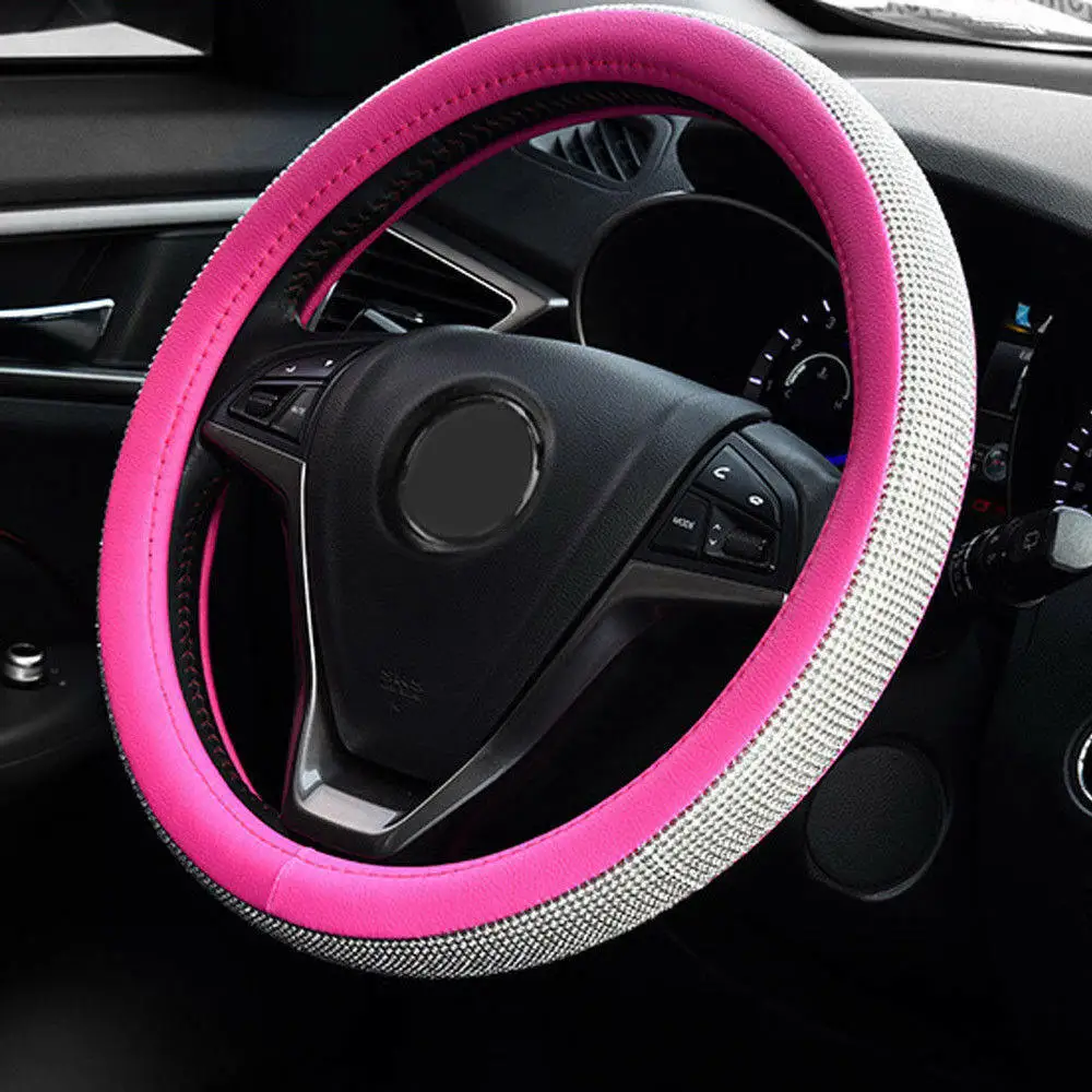 

Cystal Steering Wheel Cover Leather Bling Rhinestones Universal 38cm Auto Steering Wheel Cover