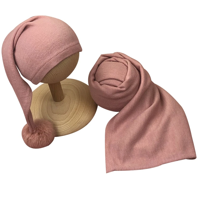 

2 Pcs Baby Receiving Blanket Beanie Set Infants Sleeping Swaddle Wrap Turban Pompom Hat Newborn Photography Props