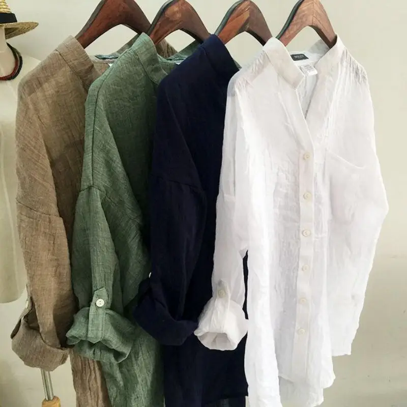 

Hot Three Quarters Sleeve Girls Pockets Tops Slim Shirts Women Loose Shirt Fashion Cotton and Linen Blouses