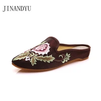 ethnic style embroider mules shoes women half slippers size 41 comfortable flat summer slippers for ladies pointy shoe slider