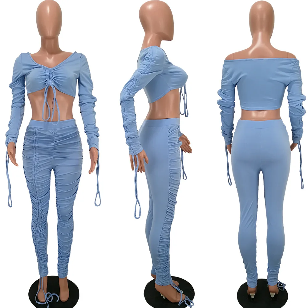 

PinePear Lace Up Drawstring Two Piece Set Women Off Shoulder Crop Top Ruched Stacked Pants Elegant 2 Piece Club Outfit Wholesale