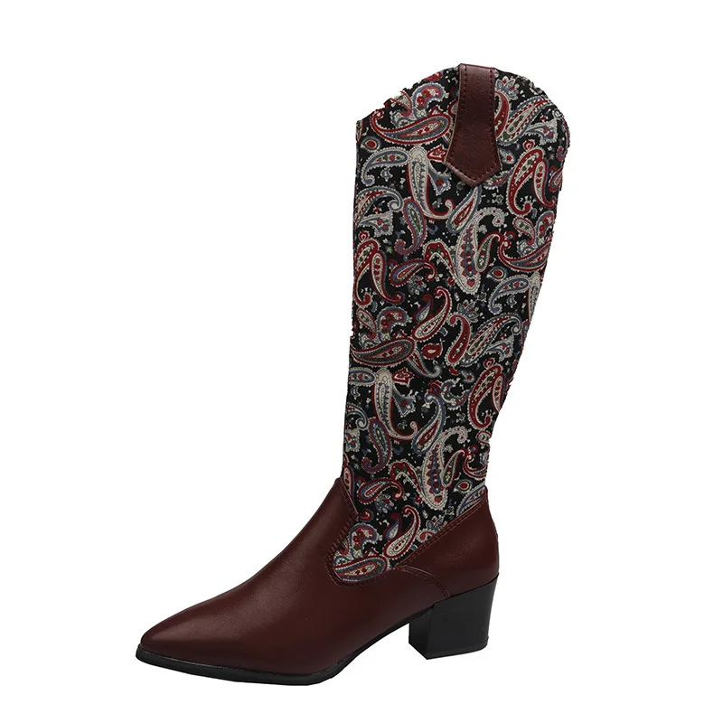 

Women Cowboy Boots Pointed Toe Women's Shoes Embossing pu Leather Shoes Knee-High Boots Chunky Wedges shoes
