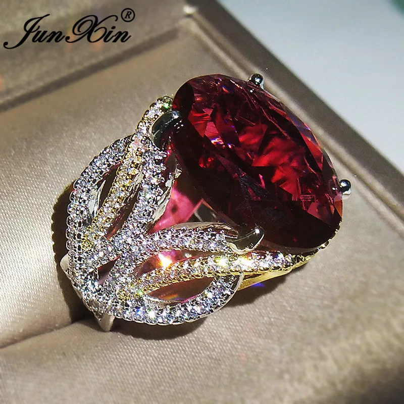 

Luxury Big Red Stone Oval Rings For Women White Gold Vintage Large Crystal Zircon Wedding Bands Engagement Ring Jewelry CZ