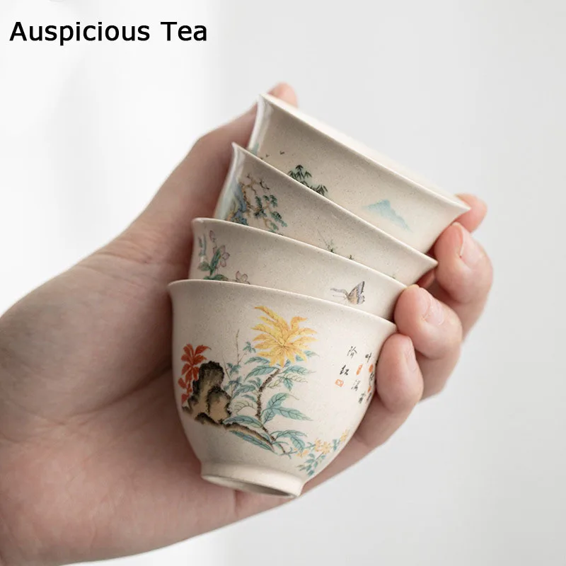 Traditional Handmade Ceramic Teacup Hand Painted Flowers and Birds Tea Bowl Travel Meditation Cup Household Tea Set 40ml