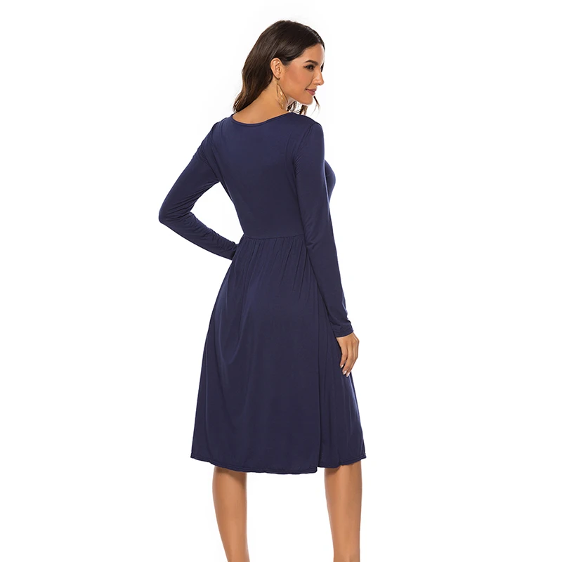 

Fashion Autumn Women Dress Solid Casual Long Sleeve A Line Dress For Women Button O Neck Sexy Female Dress Vestidos
