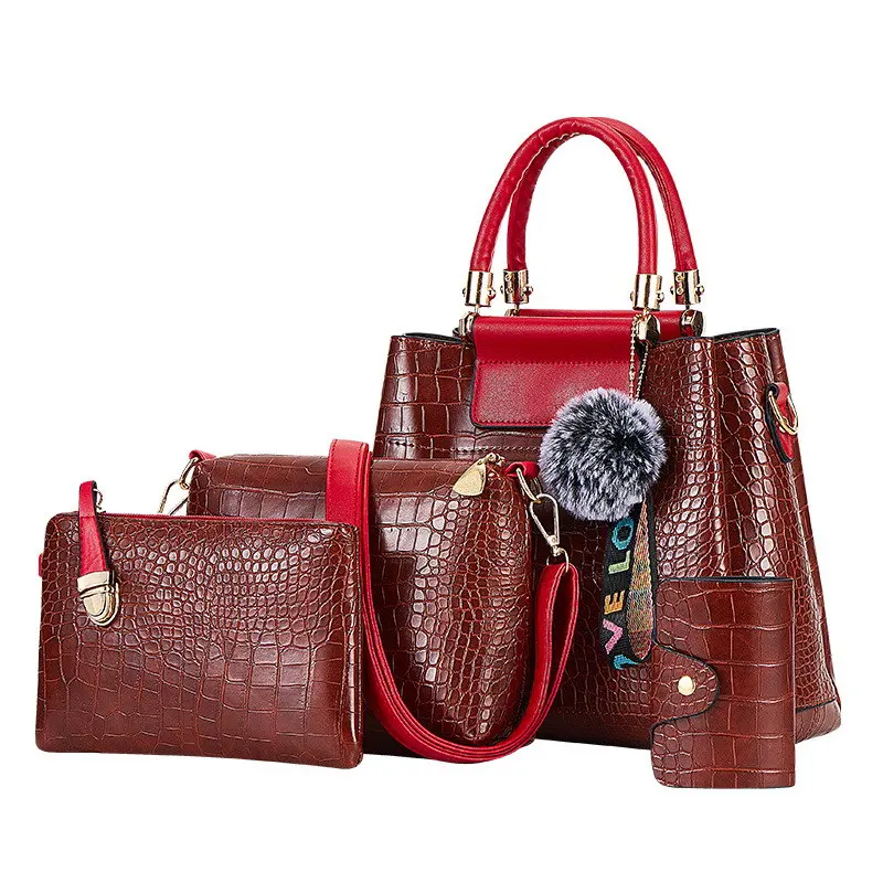 4PS Brown Red FUNMARDI 4 шт. женские сумки набор роскошных крокодиловых женских сумок из искусственной кожи сумки на плечо брендовые композитные сумки-мессенджеры WLHB2024 - Цвет: 4PS Brown Red