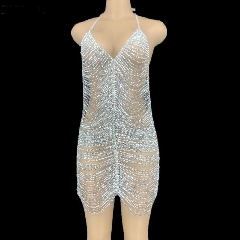 2021 серебристый Стразы цепочки с низким вырезом на спине короткое платье бар
