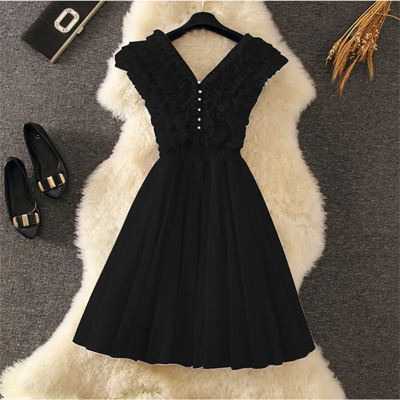 Preppy Style 2020 Summer White Lace Dress Sleeveless V-neck Chiffon Bodycon A-line Formal Party Vestidos | Женская одежда