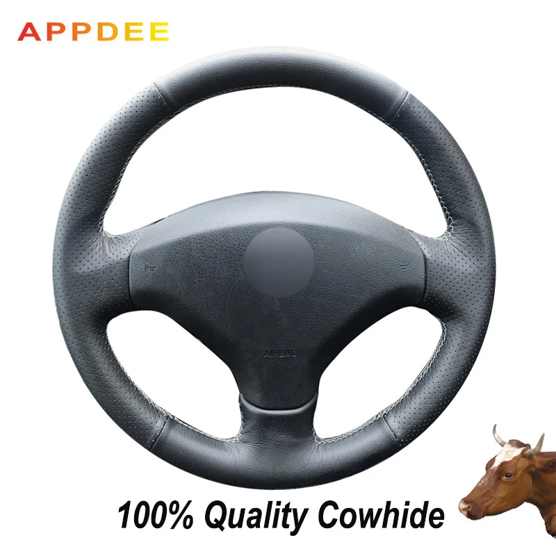 Прошитая вручную черная накладка на руль APPDEE из натуральной кожи для Peugeot 408 /Peugeot