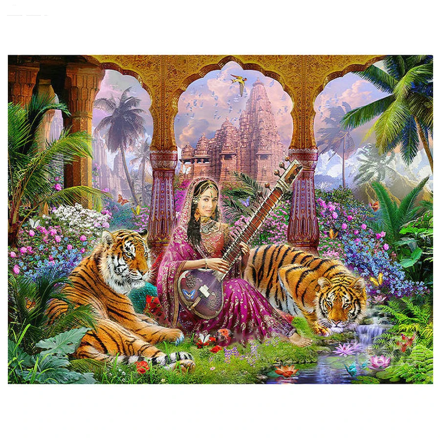 Полный квадратный круглый дрель 5D DIY индийский красота и тигр картина из бисера