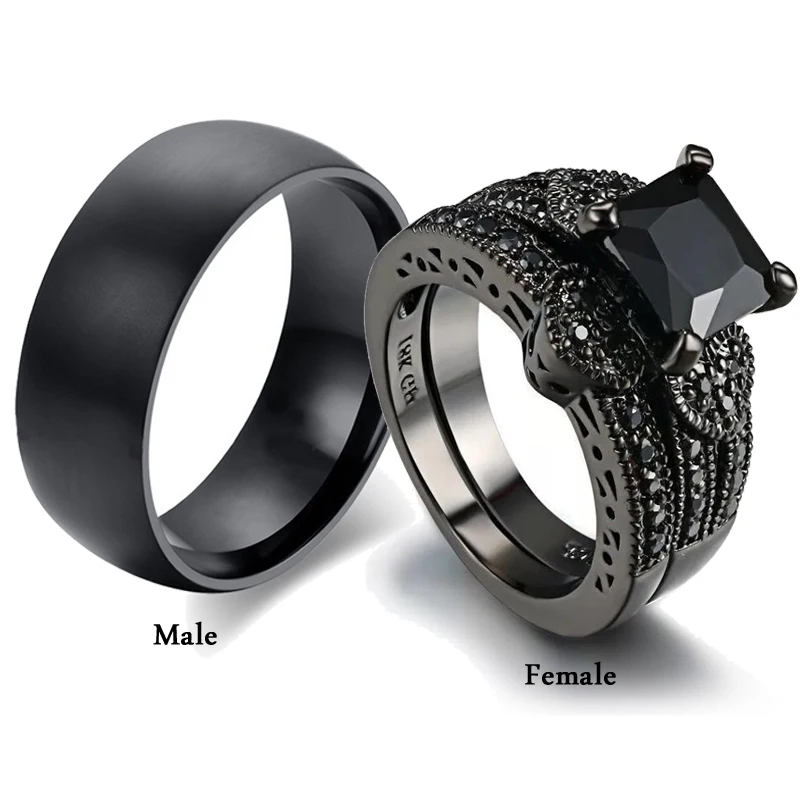 

Charm Couple Rings Romantic Black Rhinestones Female Rings Set Simple Wide Stainless Steel Men Black Ring Wedding Band Jewelry