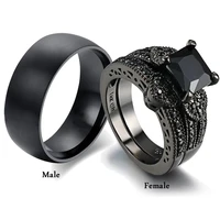 charm couple rings romantic black rhinestones female rings set simple wide stainless steel men black ring wedding band jewelry