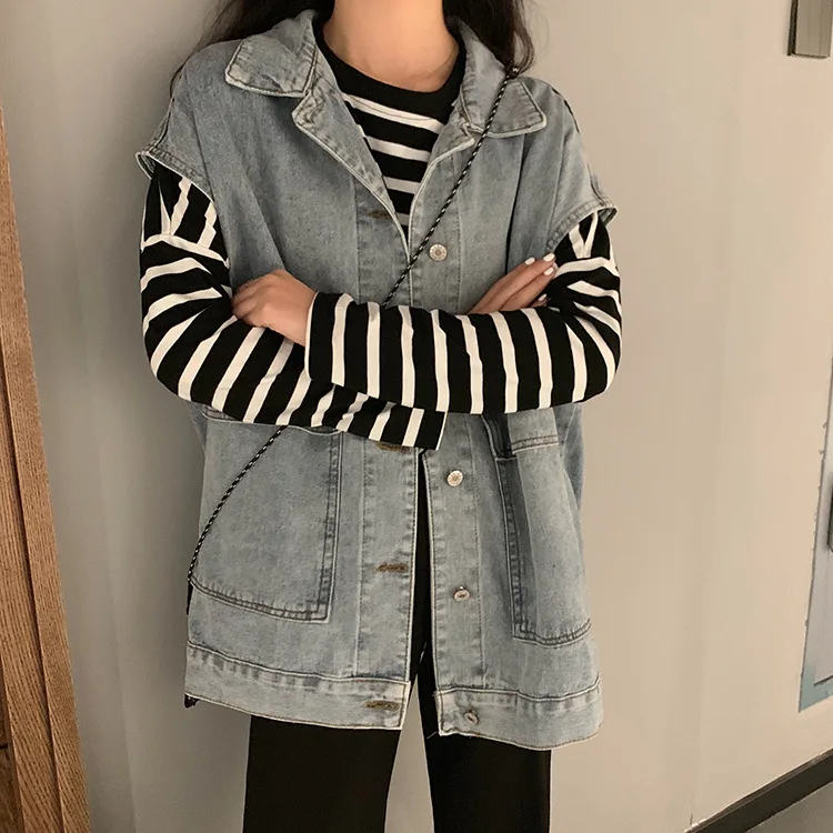 Женская джинсовая жилетка Повседневная Уличная одежда с отложным воротником