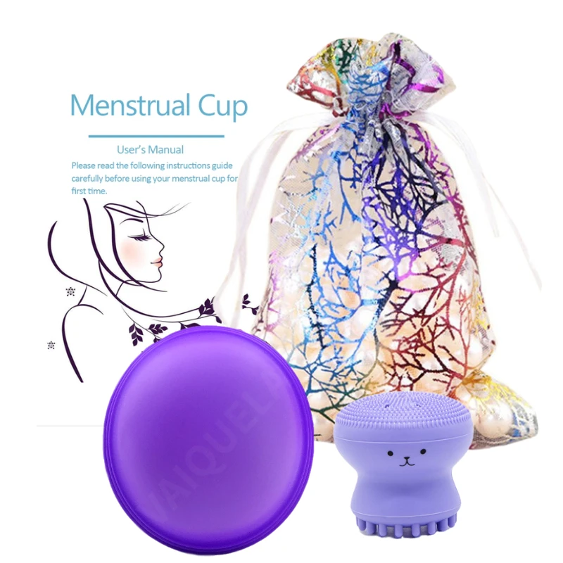

2 pcs medical silicone menstrual cups women's cups feminine hygiene reusable menstrual cups convenient round cleaning brush