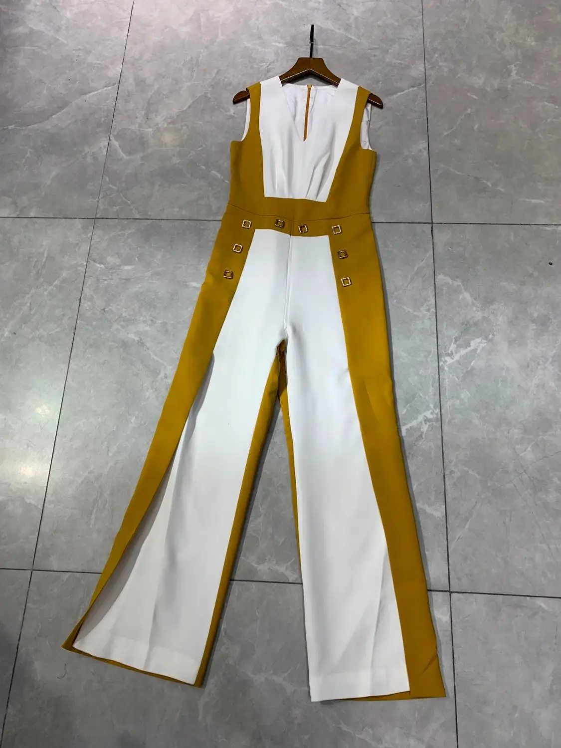 

Summer Runway Fashion Jumpsuits Women's High End Sleeveless Elegant Color Block High Split Party Overalls