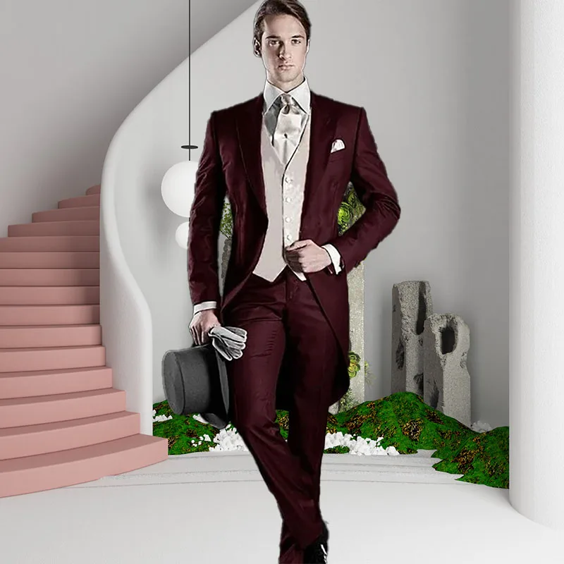 

Handmade Burgundy Tuxedos Best Man /Bridegroom Wedding Suits 2021 Gentlemen Style Men's Formal Prom Suits(Jacket+Pants+Vest)