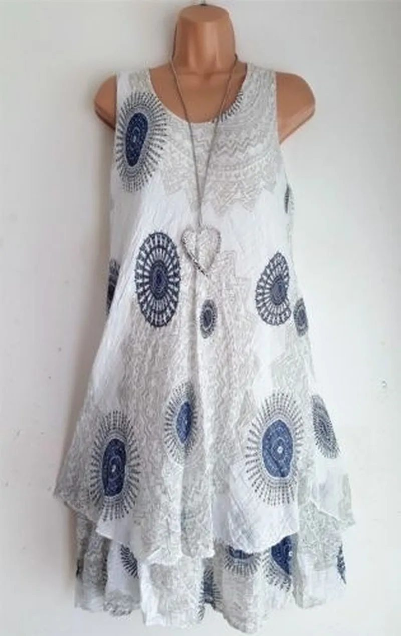

Kalenmos spring retro print double layer dresses woman round neck sleeveless multicolor 5XL plus size loose A-line dress women