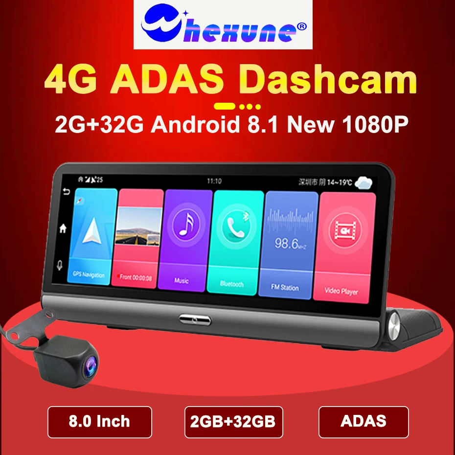 Видеорегистратор WHEXUNE 8 0 дюйма 4G GPS навигация ADAS FHD 1080P Android 1 Wi Fi 32 Гб