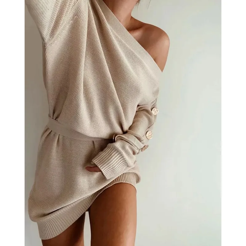 Winter Women Long Sleeve Loose Female Mini Sweater Dress Sexy Off Shoulder Knitting Elegant Sheath Short | Женская одежда