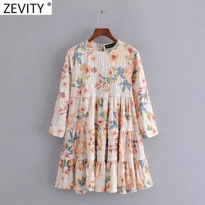 

Zevity 2021 Women Elegant Flower Print Pleat Ruffles Mini Dress Female Chic Three Quarter Sleeve Casual Straight Vestidos DS8251