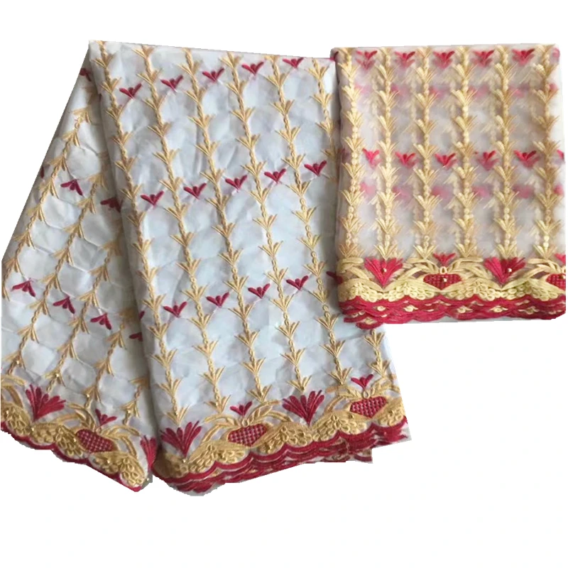 Ткань базин с вышивкой африканским тюлем и кружевной блузкой 5+2 ярда.