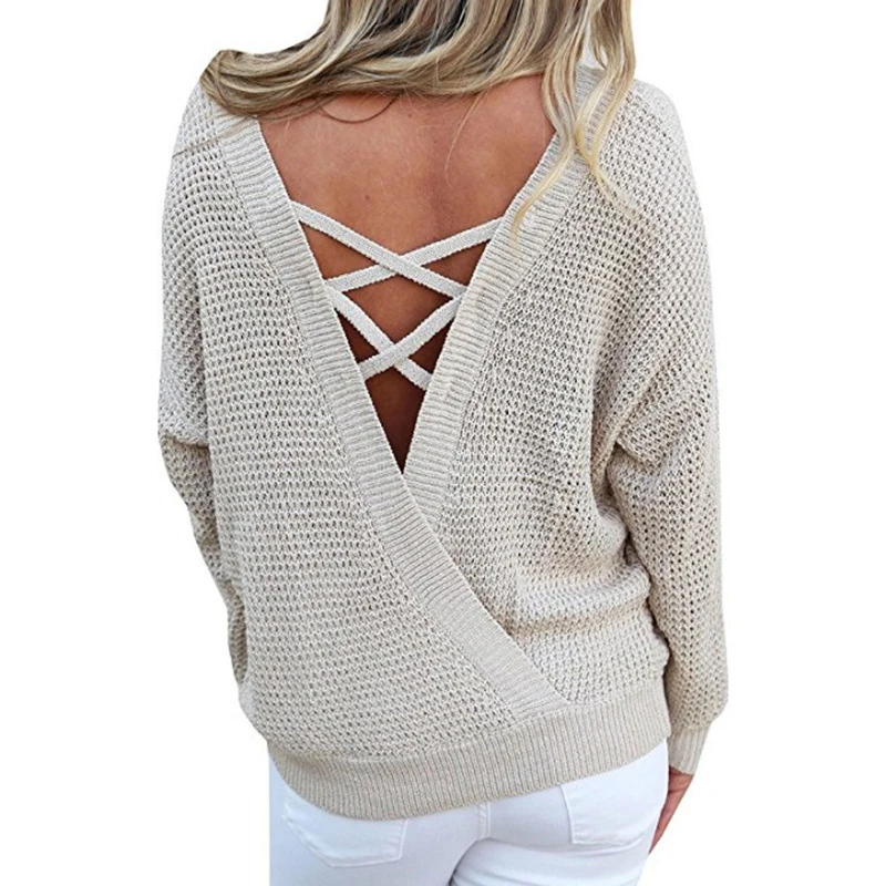 Sexy Back Ribbon Sweaters Women Deep V-neck Pullovers Knitting Cross Casual Jumper | Женская одежда