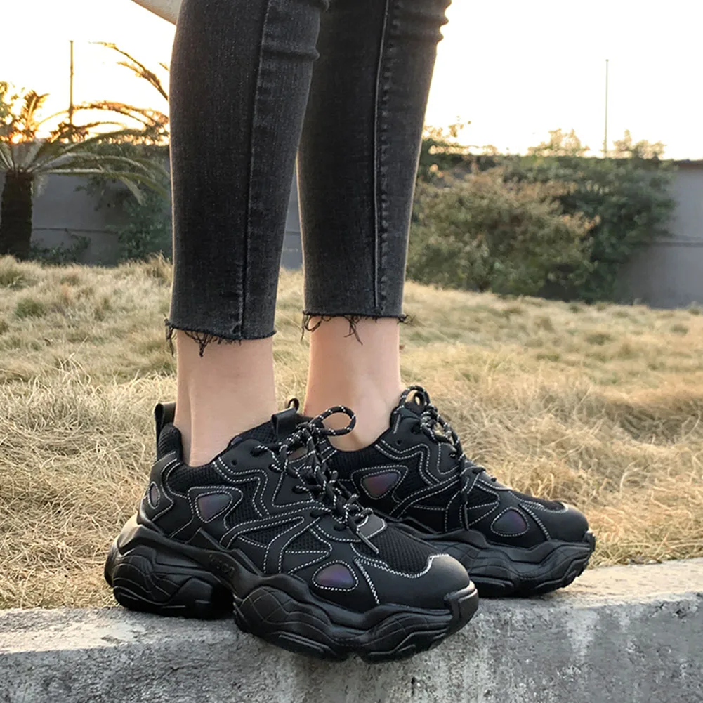 

RIBETRINI Lady Chunky Brand Design Lace Up Shoes Genuine Leather Round Toe Casual Lace Up Women Sneakers Comfy Sneakers