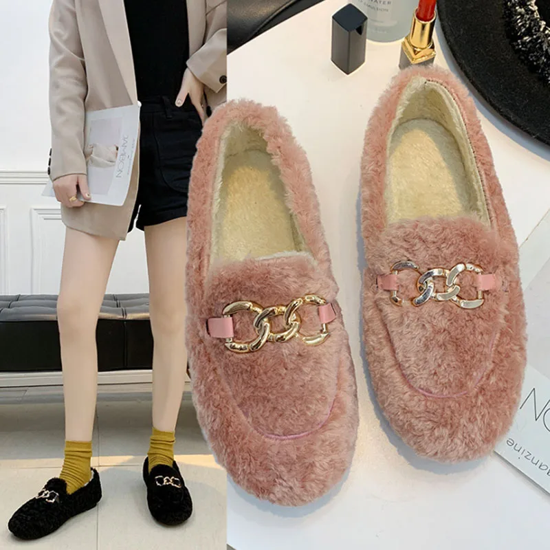 

Doudou shoes women's 2021 new winter flat bottom casual shoes with plush metal button soft soled wool shoes for women