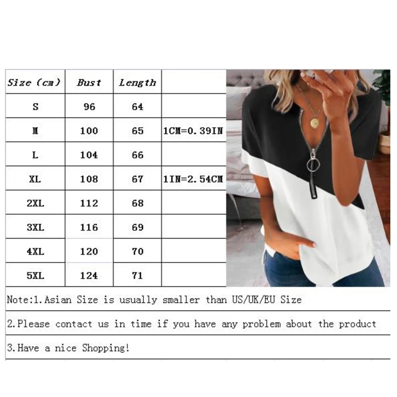 

Summer Contrast Print V-neck Top Vintage Zipper Short Sleeve Shirt Women Fashion Loose Pullover T-shirt Casual Streetwear Tshirt
