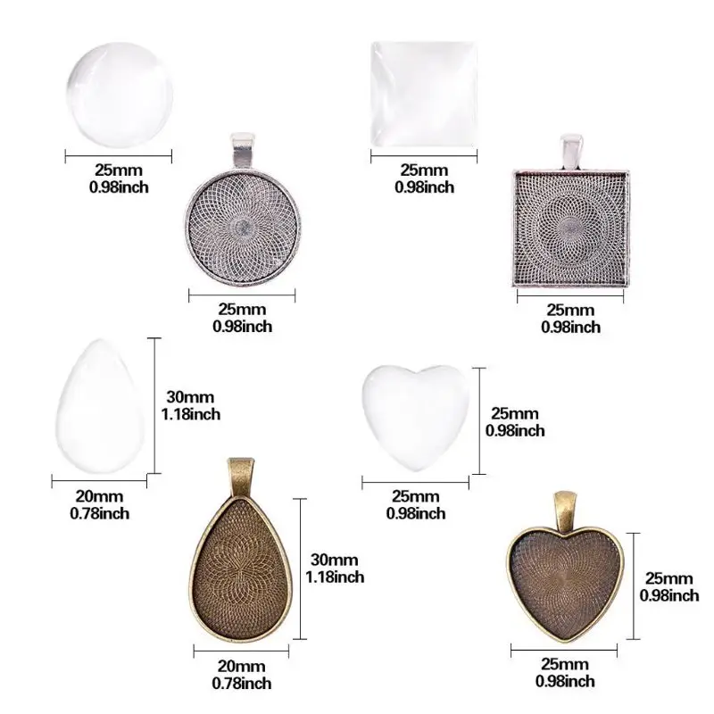 

48 Pcs/Set DIY Pendant Tray Round Square Heart Teardrop Glass Cabochon Jewelry Making Tool Accessories