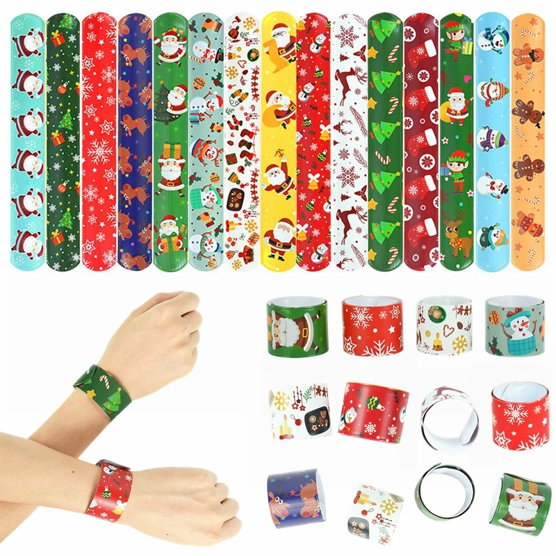 

10pcs Christmas Slap Bracelets Santa Claus Snowflake Elk Xmas Tree Print Pop Circle Toys Merry Christmas Kids Adults Gifts Decor