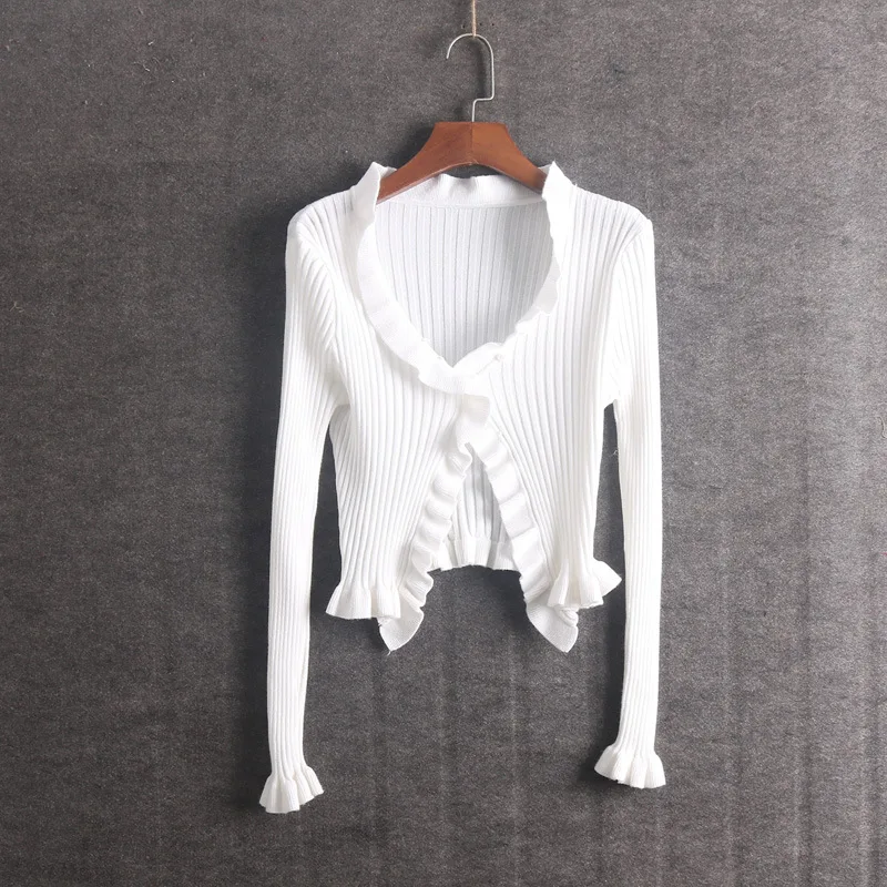 

Autumn winter knitted cardigan New Women's Sexy Wooden Ear Long-Sleeved Thin Sweater Short knit Cardigan Women's Cardigans