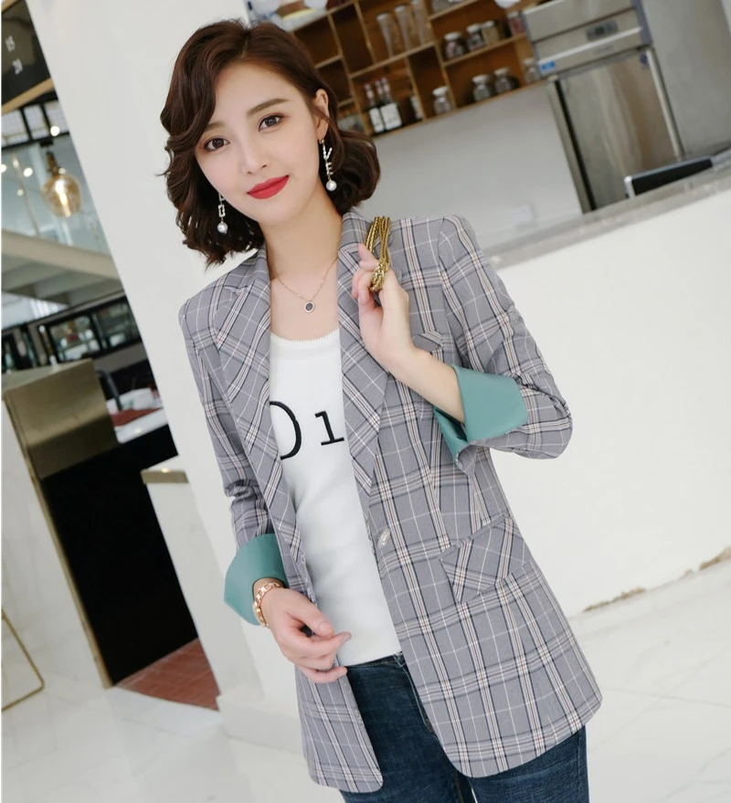 Женская Офисная деловая куртка модная повседневная клетчатая OL с длинным